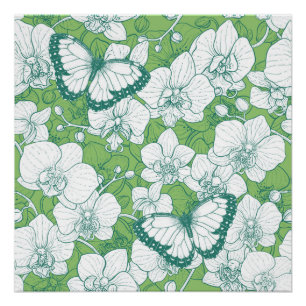 Póster Jardín Botánico de Orquídeas con Mariposas en verd