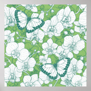 Póster Jardín Botánico de Orquídeas con Mariposas en verd