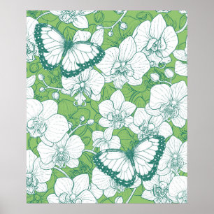 Póster Jardín Botánico de Orquídeas con Mariposas en verd