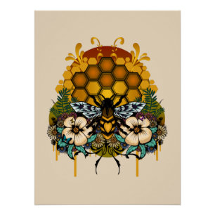 Póster Jardín Botánico de Panal Floral de Abeja Reina