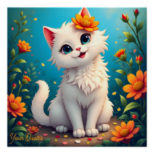 Póster Jardín Caprichoso Gatito Blanco
