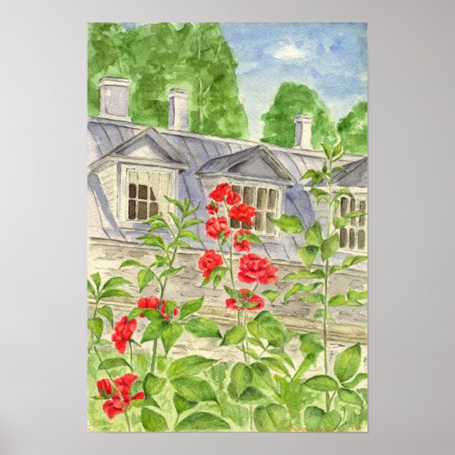 Póster Jardín con rosas cerca de la casa (Frente)