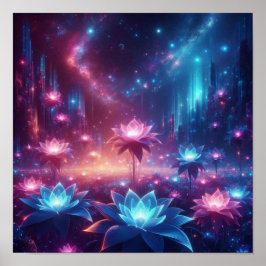 Póster Jardín Cósmico de Flores Luminosas en Flor