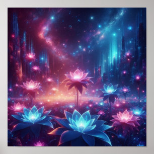 Póster Jardín Cósmico de Flores Luminosas en Flor