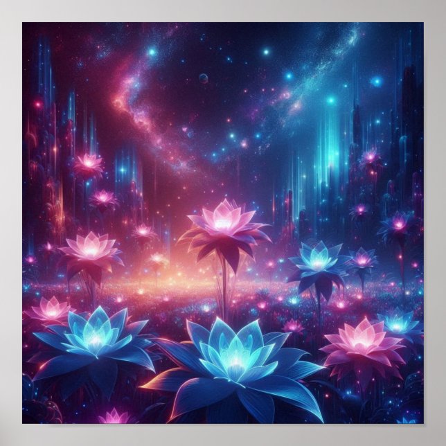 Póster Jardín Cósmico de Flores Luminosas en Flor (Frente)
