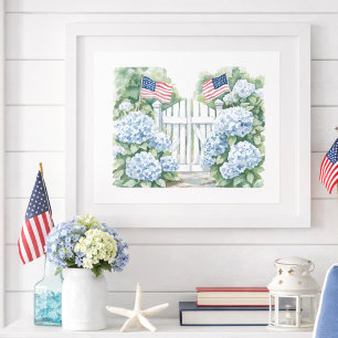 Póster Jardín Costero Americano de Hortensias Azules