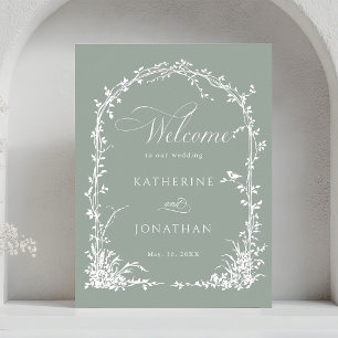 Póster Jardín de boda con arco floral de bienvenida verde