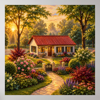 Póster Jardín de cabaña acogedor en estampa de pintura al