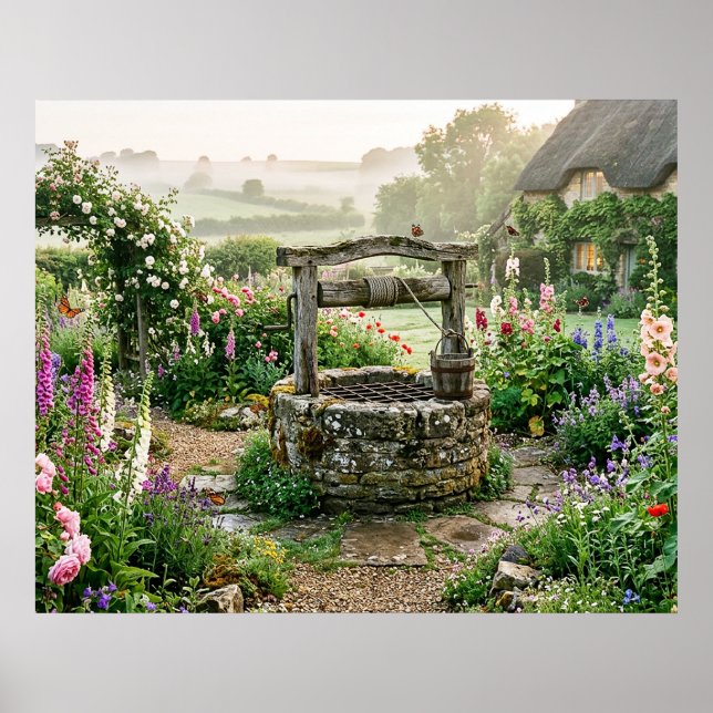 Póster Jardín de Cabaña con Pozo (Frente)