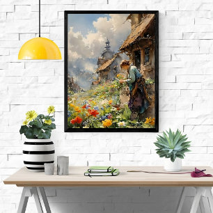 Póster Jardín de campo con Chica en azul y flores  