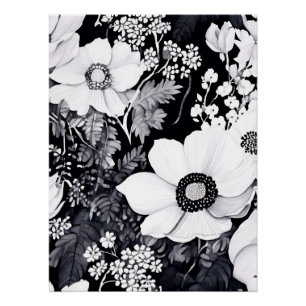Póster Jardín de color agua monocromo con floral intrinca