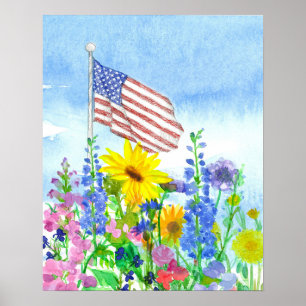 Póster Jardín de flores de bandera americana acuarela cie