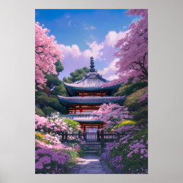 Póster Jardín de flores de cerezo y templo de madera
