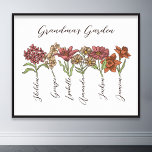 Póster Jardín de flores de la abuela 6 nietos llaman flor<br><div class="desc">La flor de jardín y los nietos de esta abuela nombran el diseño personalizado es una deliciosa mezcla de encanto vintage y calidez personalizada. Es la adición perfecta al refugio de cualquier abuela, trayendo la belleza de un jardín botánico a su casa. Con un impresionante ilustracion de flores vintage que...</div>