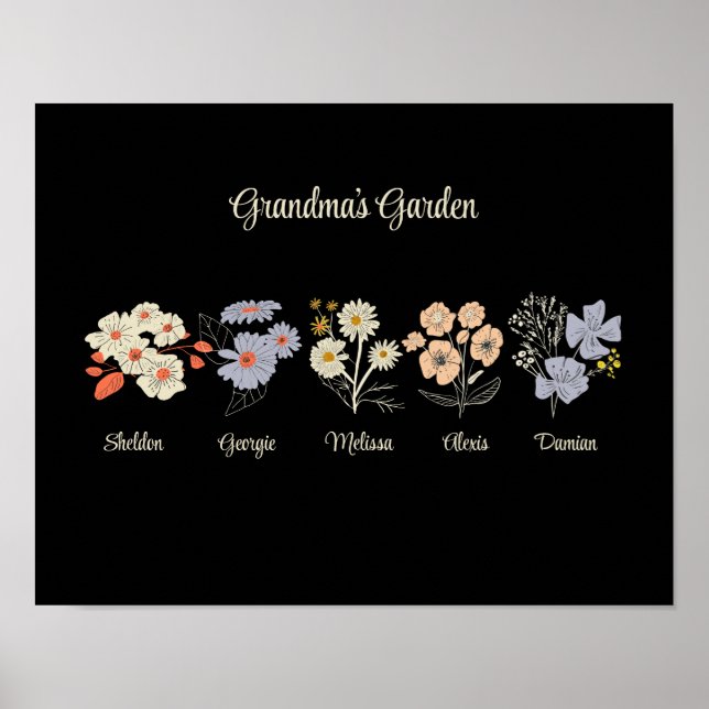 Póster Jardín de flores de la abuela personalizado con 5  (Frente)