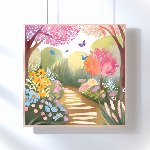 Póster Jardín de Flores Pintura Acuarela Caprichosa