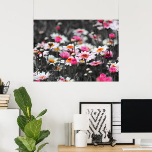 Póster Jardín de flores rosadas blancas negras Monocromo