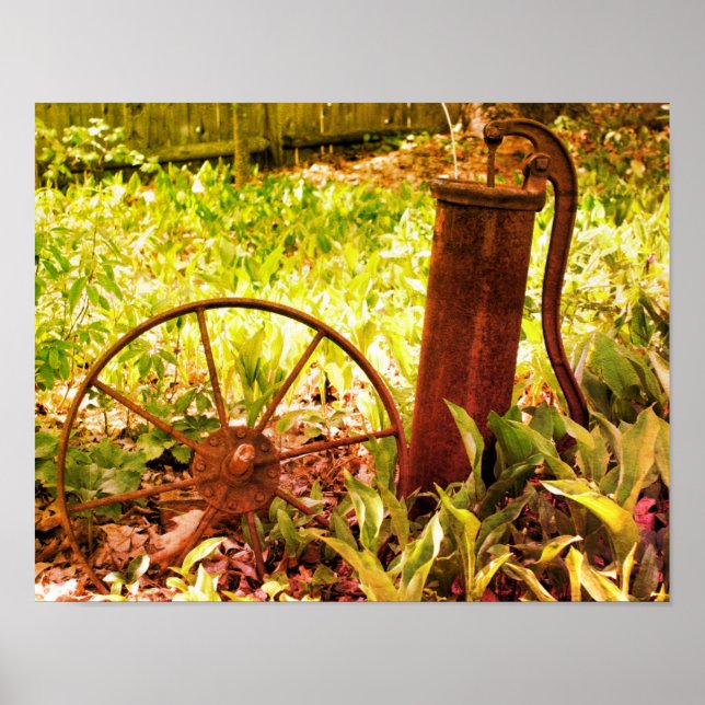 Póster Jardín de flores rueda oxidado y bomba teñida (Frente)