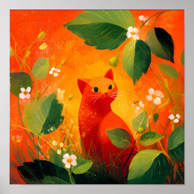 Póster Jardín de flores silvestres de gato rojo caprichos (Frente)