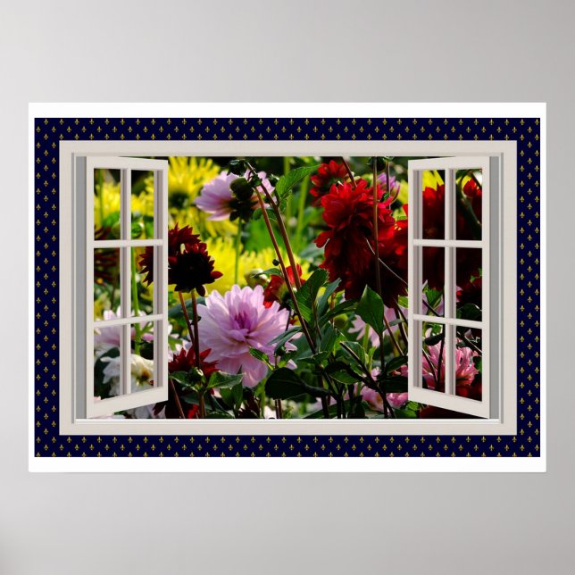 Póster Jardín de flores, ventana abierta, Dahlias (Frente)