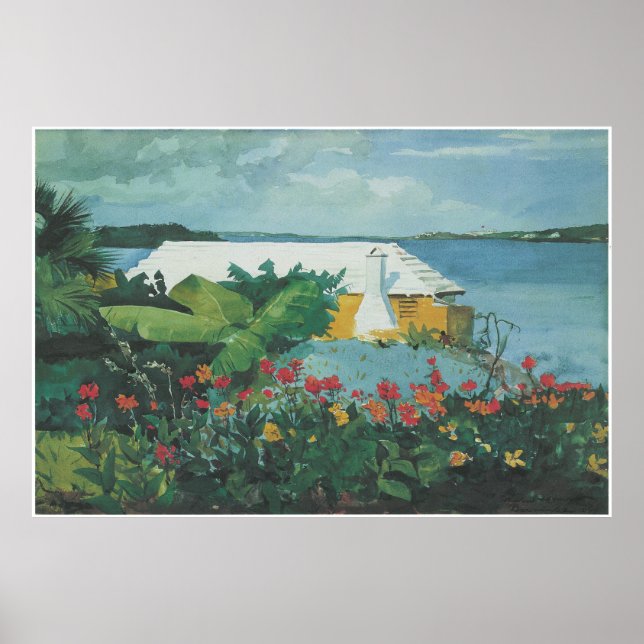 Póster Jardín de flores y Bungalow, Bermudas, 1899 (Frente)