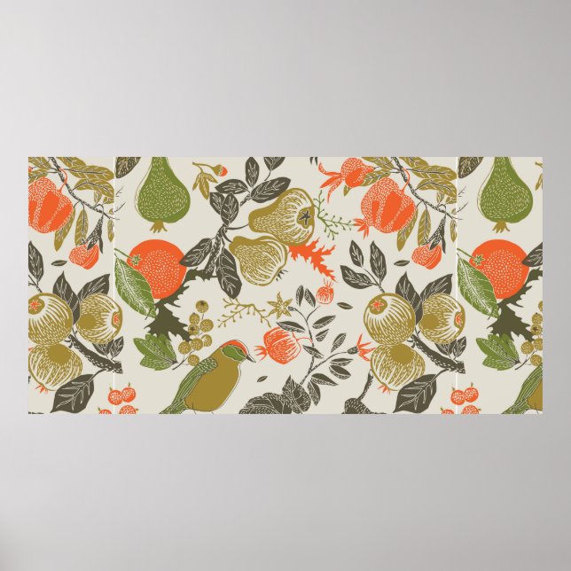 Póster jardín de frutas con pájaro. (Frente)