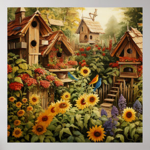 Póster Jardín de Girasoles 13 Casas de Pájaros Pájaros Az