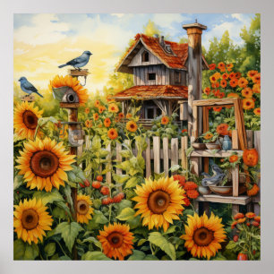 Póster Jardín de Girasoles 9 Casas de Pájaros Pájaros Azu