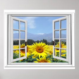 Póster Jardín de Girasoles de Verano Vista Ventana Falsa