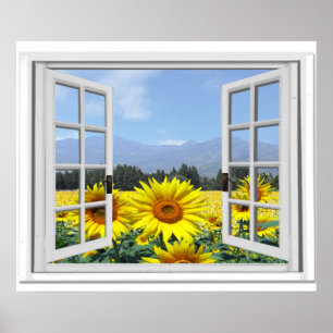 Póster Jardín de Girasoles de Verano Vista Ventana Falsa