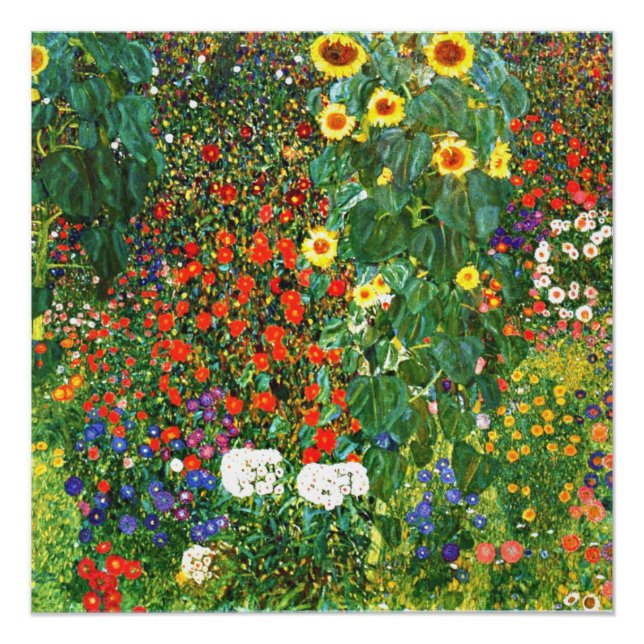 Póster Jardín de granja con girasoles, pintura popular (Anverso)