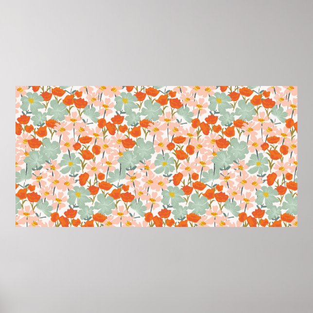 Póster Jardín de hermosas flores dibujadas a mano en rosa (Frente)