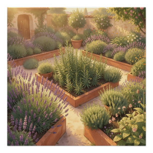 Póster Jardín de hierbas mediterráneo soleado con lavanda