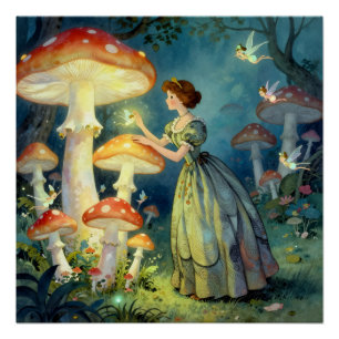 Póster Jardín de hongos gigantes luminosos