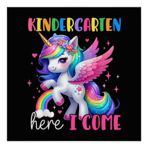 Póster Jardín de Infancia Aquí Voy Unicornio Vuelta al Co