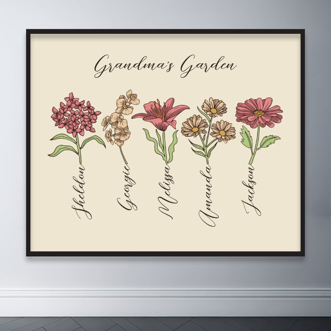 Póster Jardín de las flores de la abuela 5 nietos llaman  (grandma flower garden grandkids name floral poster)