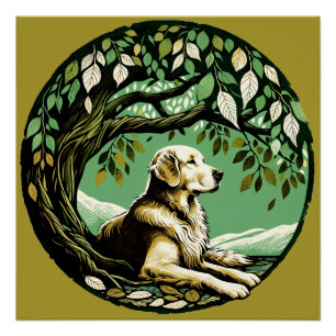 Póster Jardín de las flores del Mascota Golden Retriever