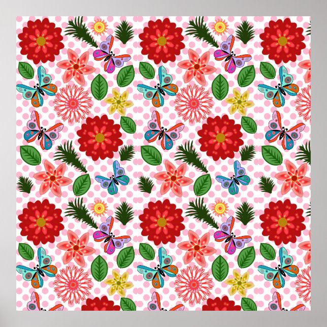 Póster Jardín de Mariposas Florales de Primavera Moderna  (Frente)