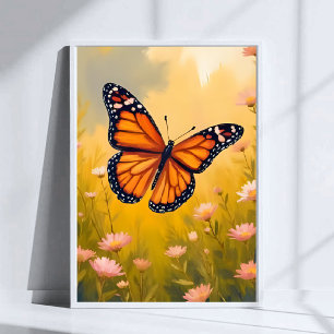 Póster Jardín de Mariposas Monarca Acuarela Floral