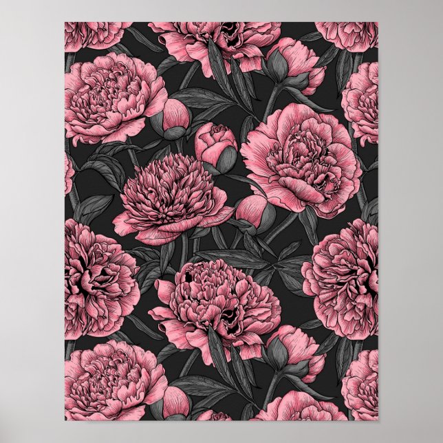 Póster Jardín de peones nocturnos en rosa y gris (Frente)