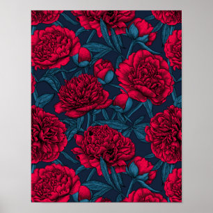 Póster Jardín de peones rojos en azul oscuro