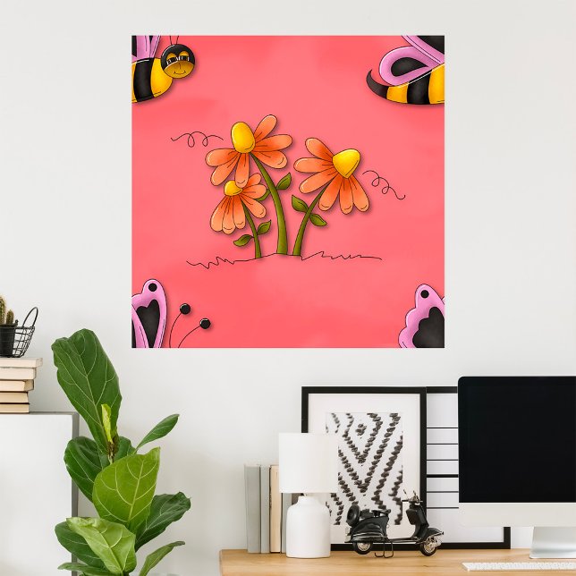 Póster Jardín de primavera rosada de abejas y flores (Subido por el creador)