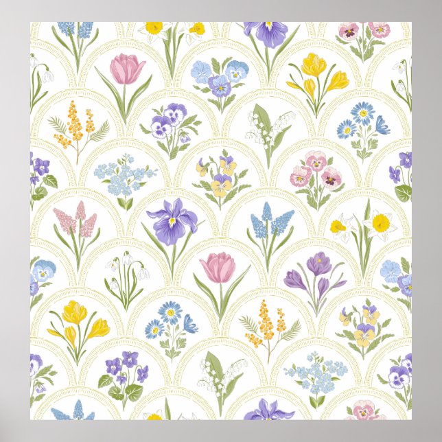 Póster Jardín de primavera variedad flores en medallón ar (Frente)