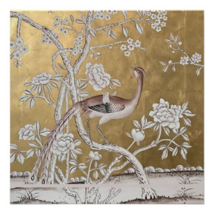 Póster Jardín de té oriental dorado con pavo real sutil