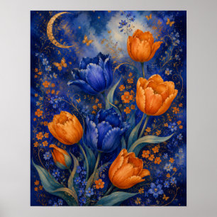 PÓSTER JARDÍN DE TULIPANES ÁMBAR AZUL ILUMINADO POR LA LU
