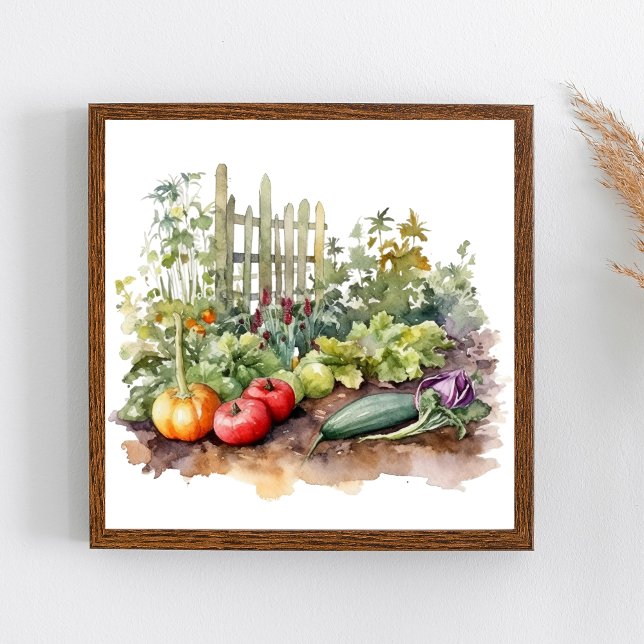 Póster Jardín de Verduras con Cercado Acuarela (Watercolor Vegetable Garden Wall Art.)