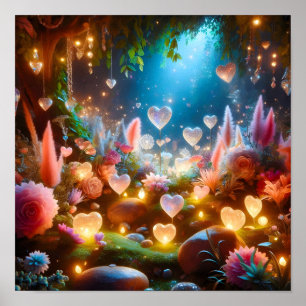 Póster Jardín del Corazón de Flores Mágicas Brillantes