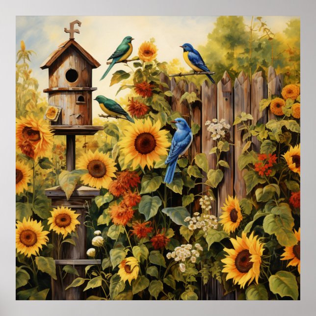 Póster Jardín del girasol 5 Aves Azules (Frente)