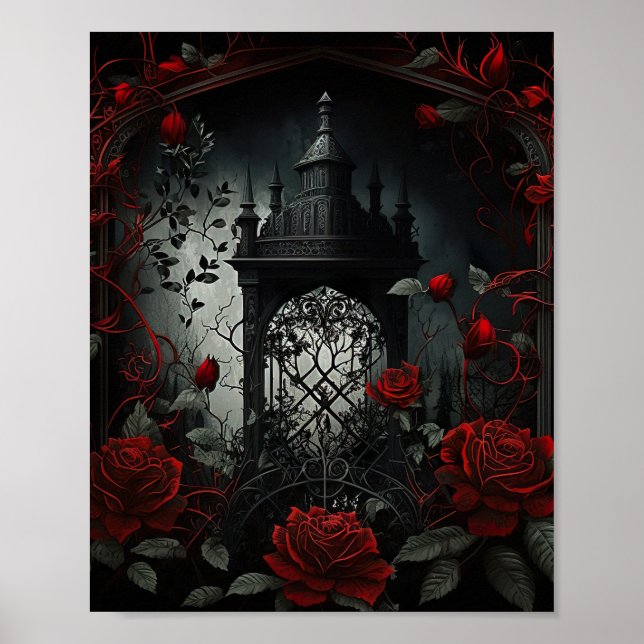 Póster Jardín del Rosa del Cementerio Gótico con rojo y n (Frente)