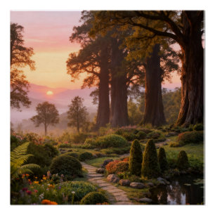 Póster Jardín Encantado al Amanecer Majestuosos Árboles
